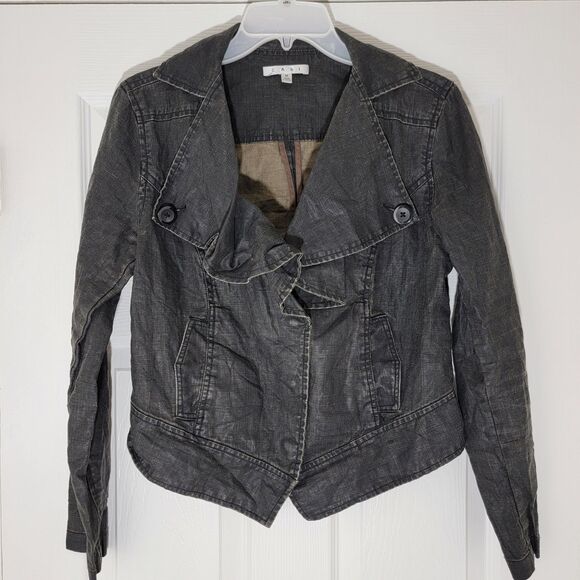 CAbi Waxed 100% Linen Black Cropped Moto Bomber Jacket Size M Stacked collar 901 - Picture 1 of 14
